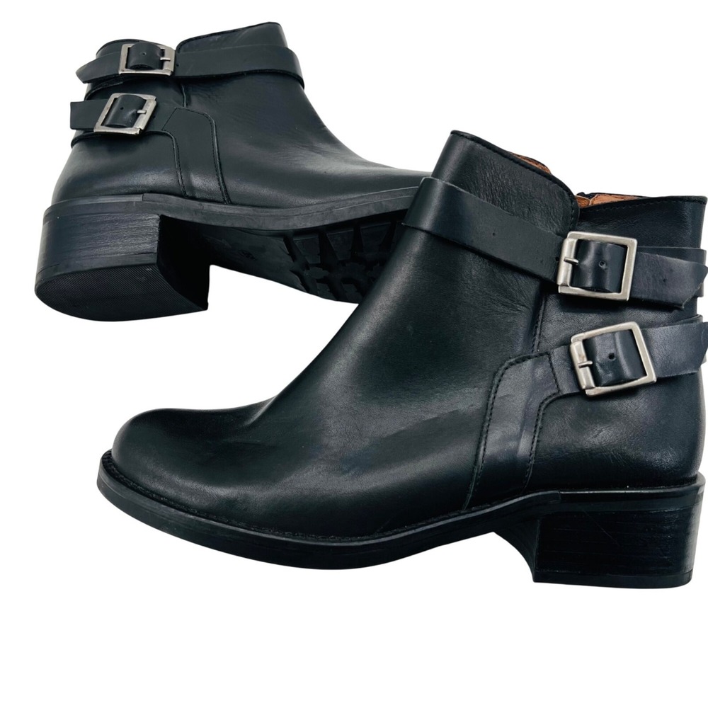 Tara M. Leather Ankle Boots Black Buckle Straps & Side Zippers sz 38‎ 7.5 US